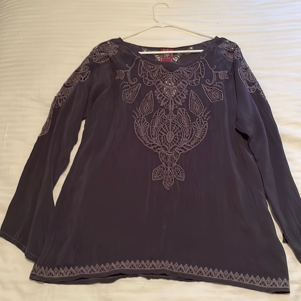 Johnny was grey/purple silk tunic